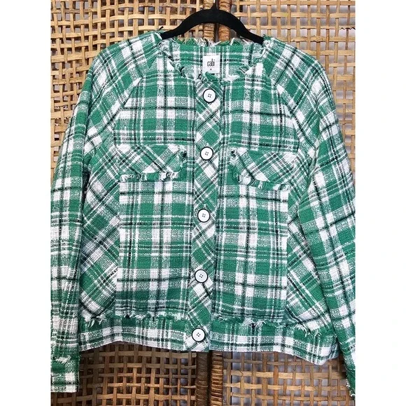 Cabi Library Women's MJacket Green White Black Plaid Tweed Blazer fringe hem - Picture 2 of 8